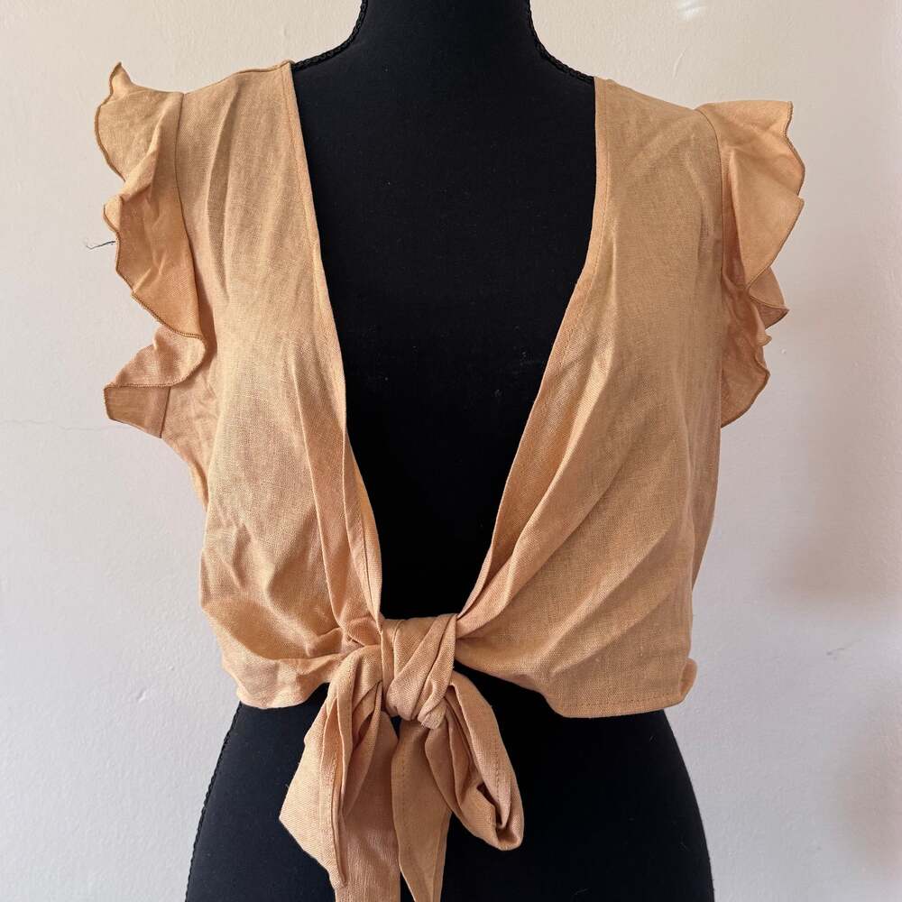 Lalavon Ruffled Crop Top, light brown/tan, size Small.